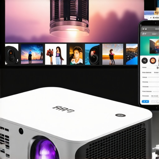 Futuristic portable projector wirelessly connected to smartphones and laptops in a sleek setting