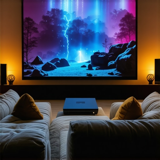 Home theater setup with laser projector and large screen