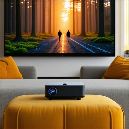 UST laser projector projecting 4K movie in stylish living room