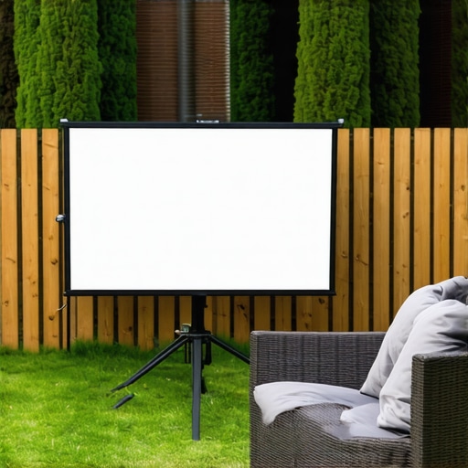 Outdoor projector setup in a backyard, demonstrating weather resistance and optimal placement