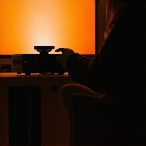 Person fine-tuning a home projector in a dimly lit room
