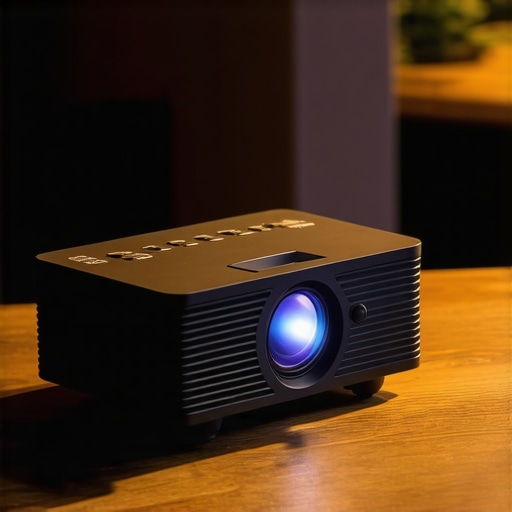 Outdoor portable projector with rugged design in a backyard at night