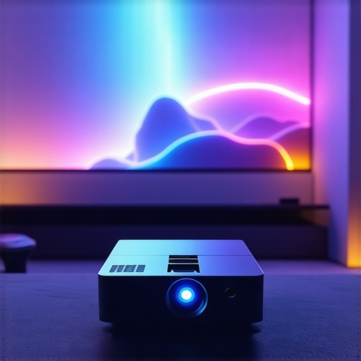 A high-quality projector displaying a movie in a cozy living room with ambient lighting.