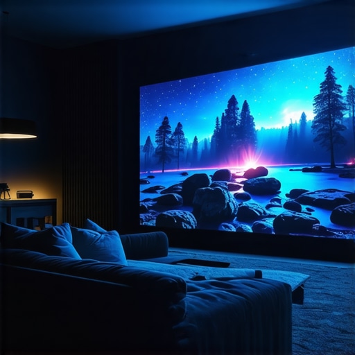 Laser Projector in Living Room High-performance laser projector displaying vivid images in a dark living room