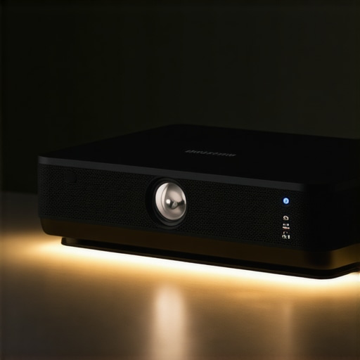 Close-up of a sleek laser projector with a minimalist design and illuminated controls.