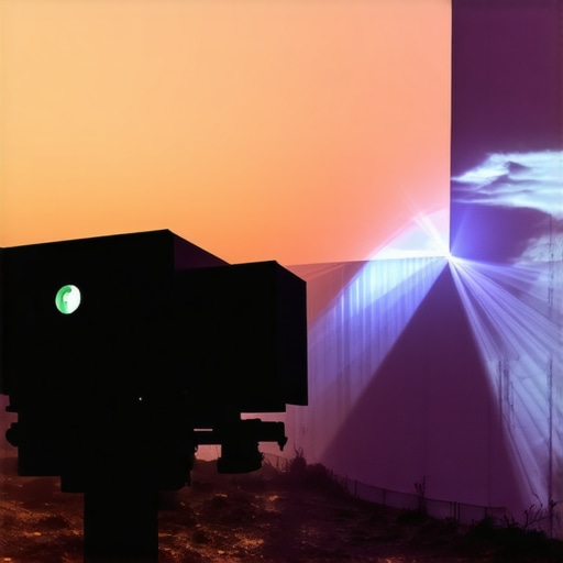 Laser projector displaying bright image outdoors at sunset