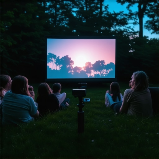 Portable outdoor projector projecting a movie scene at dusk with friends