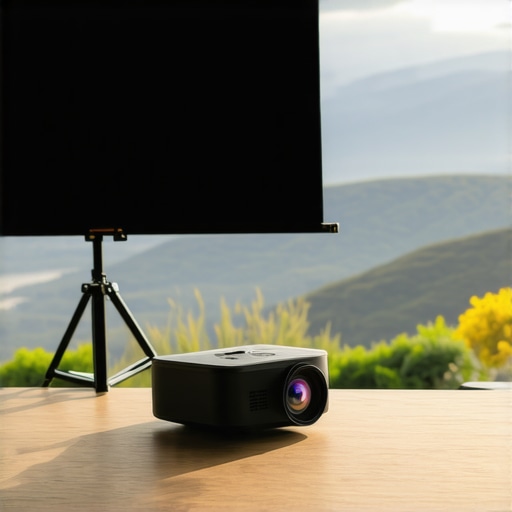 Portable outdoor projector with adjustable stand and projection screen in a scenic outdoor setting.