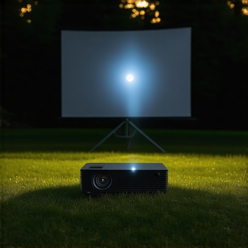 A portable outdoor projector projecting a movie onto a screen in a backyard during dusk.