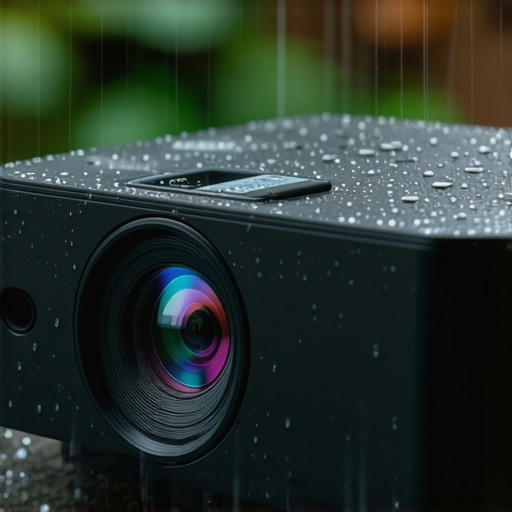 Portable 4K projector outdoors during rain demonstrating weather resistance.