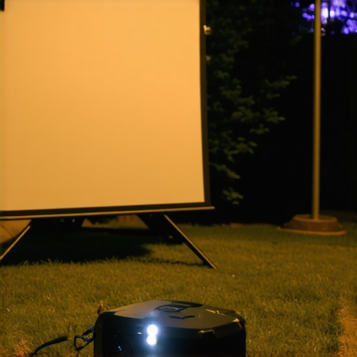 Portable outdoor projector projecting movie in backyard at night