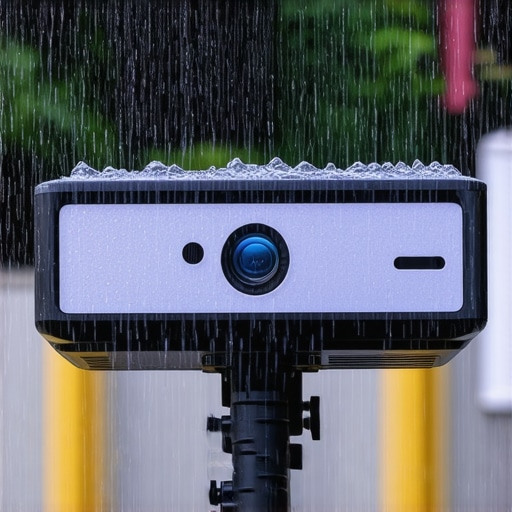 Projector weatherproof casing in rainstorm