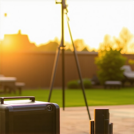 A portable outdoor projector mounted on a tripod in a backyard at sunset