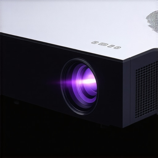 A high-quality laser projector with a metallic finish and illuminated lens in a modern home setting