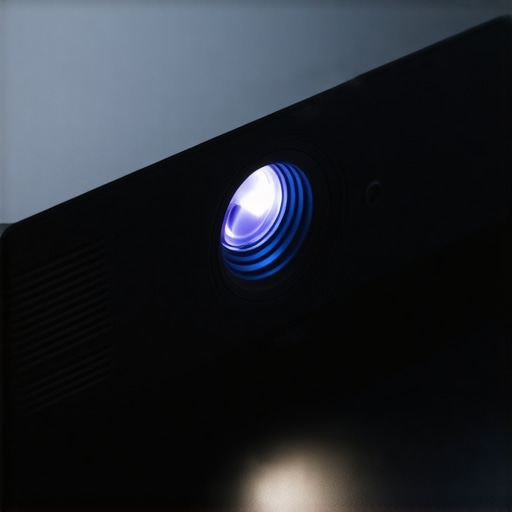 Close-up of a sleek laser projector showing durable construction and illuminated lens