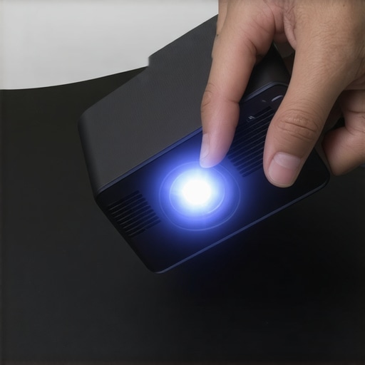 Close-up view of a portable projector showcasing rugged materials and sleek design.