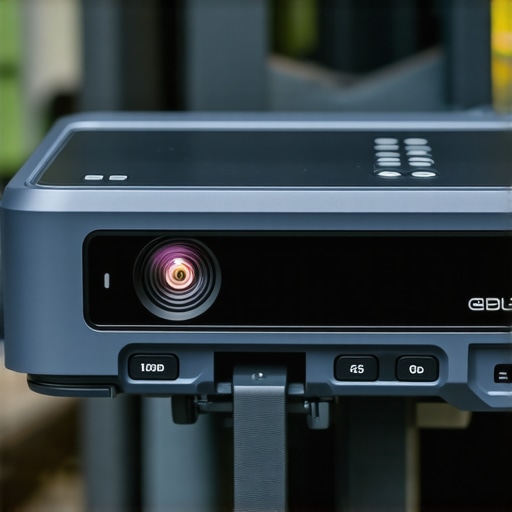 Close-up of a rugged portable outdoor projector with control buttons and durable casing