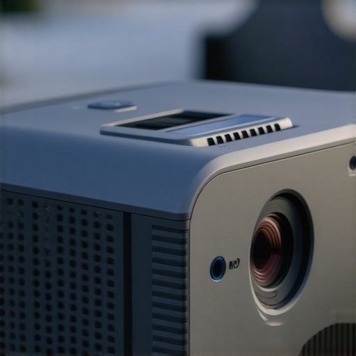 Close-up image of rugged outdoor projector showing textured, durable casing