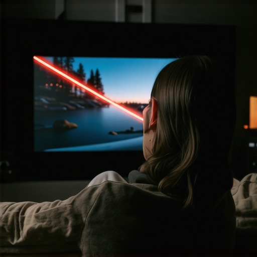 A person adjusting a high-end 4K laser projector in a cozy home theater.