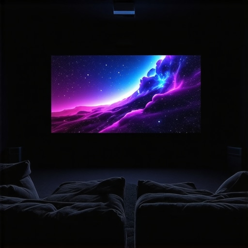 A high-end 4K laser projector displaying vibrant images in a stylish home theater setting.