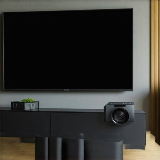 Sleek laser projector displaying vibrant image in a home theater environment.