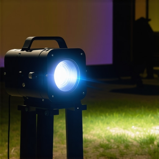 Portable laser projector displaying bright image outdoors at night.