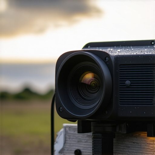 Weather-resistant outdoor projector in use during outdoor movie night.
