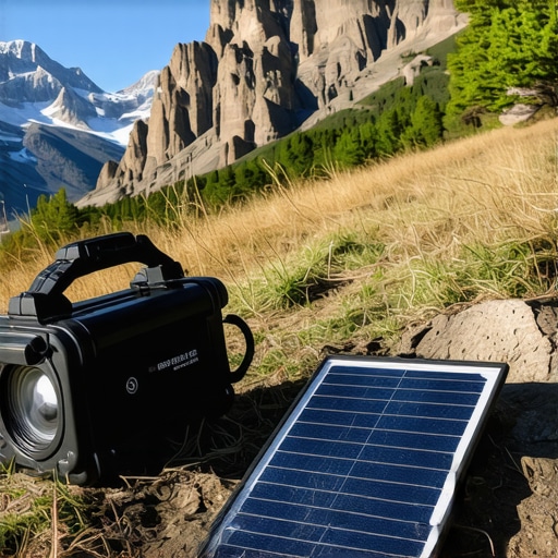 Portable solar projector outdoors on mountain trail