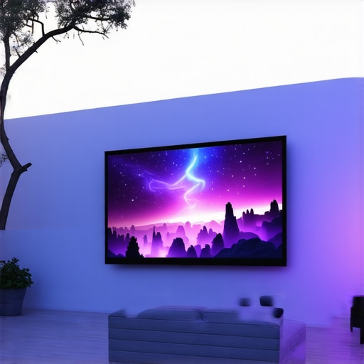A modern outdoor projector setup displaying a vivid 4K movie on a large wall at sunset.