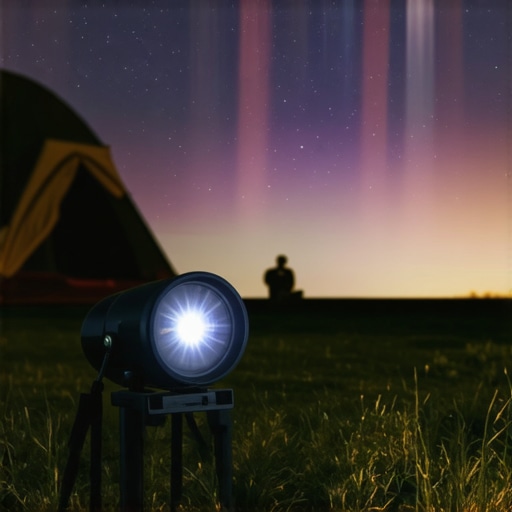 Portable projector outdoor movie setup at night with weather elements nearby.