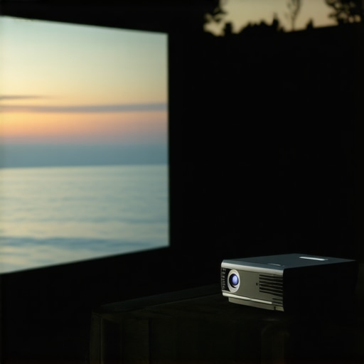 Compact outdoor projector displaying bright image on a large screen at dusk