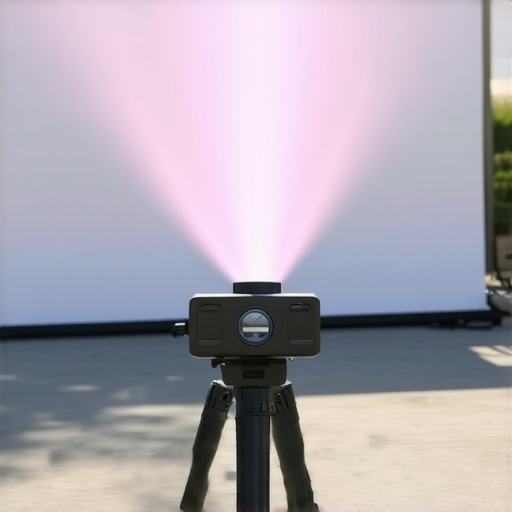 Outdoor portable laser projector displaying bright image under sunlight.