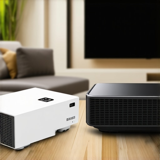 Comparison image showing a compact portable projector and a large laser projector in a modern living room.