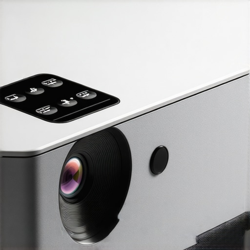 Close-up of a projector's premium matte finish and tactile buttons.