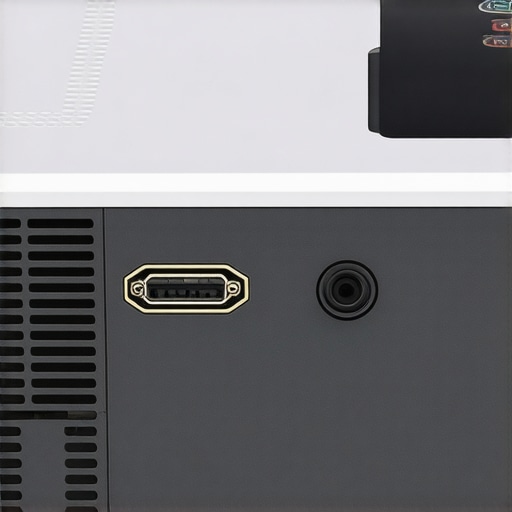 Projector Connectivity and Remote Rear view of a laser projector with multiple ports and a remote control