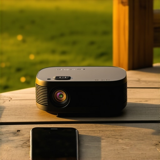 A sleek portable projector wirelessly connected to a smartphone ready for outdoor movie night.