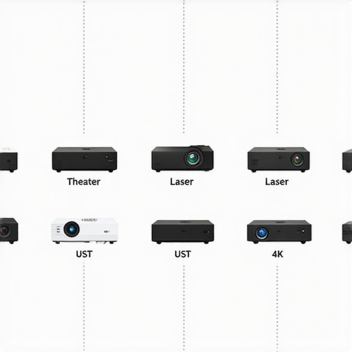 Visual comparison of different projector categories like home theater, laser, UST, 4K, and portable projectors