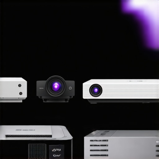 Collection of various projectors including portable, 4K, laser, and UST models in a modern home theater.