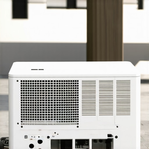 Outdoor shot of a robust 4K laser projector with visible cooling vents.