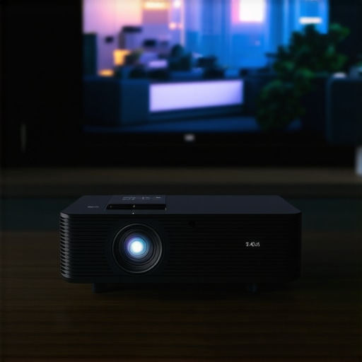 Elegant Home Theater Projector Setup Close-up of a stylish 4K projector in a cozy home environment