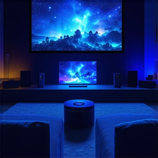 A luxurious home theater with a 4K projector and immersive audio system.