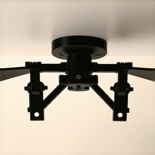 No-Drill Projector Mount Details Close-up of a portable, ceiling-mounted projector bracket showing clamps and adjustable joints.