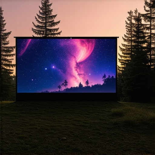 Outdoor scene with a bright 4K laser projector displaying vivid visuals in natural setting