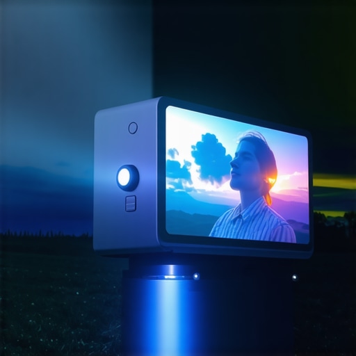Portable projector projecting brightly outdoors at dusk.
