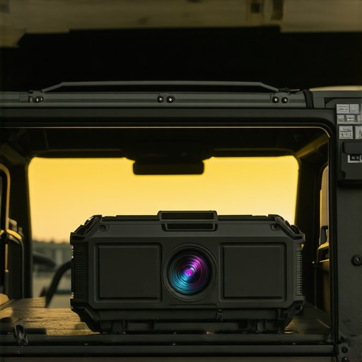 Compact rugged projector set up outside a van for outdoor movie viewing