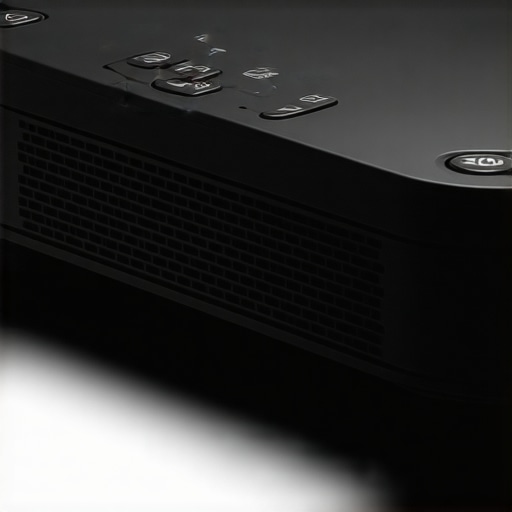 Projector's Material and Design Features A portable projector in a sleek matte black design with textured accents and visible vents.