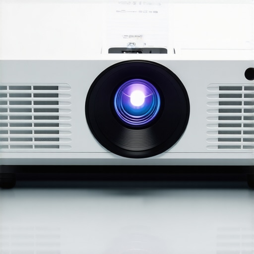 Close-up view of the modern, sleek laser UST projector showing the illuminated lens and clean build