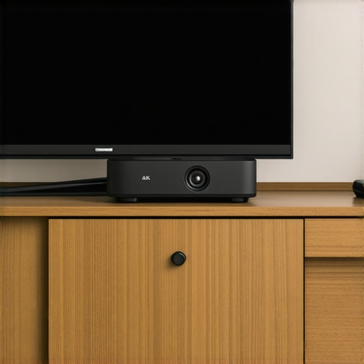 Modern black ultra-short throw 4K projector with matte finish on a stand.