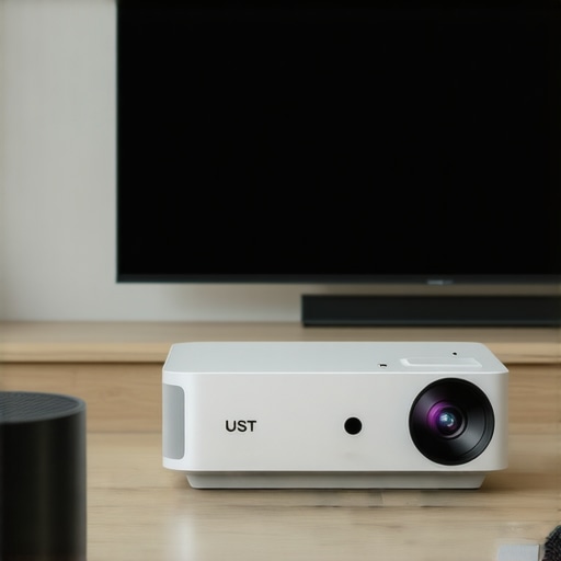 Sleek UST Projector in Apartment A modern, minimalist ultra-short throw projector installed in a contemporary living room.