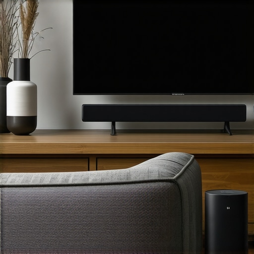 Modern soundbar with wireless subwoofer in a small apartment